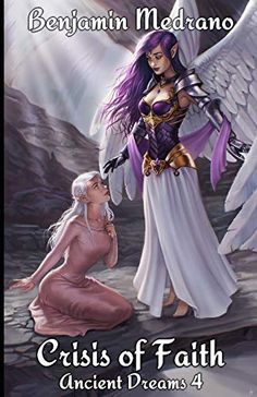 an angel kneeling down next to a woman with purple hair and wings on her chest