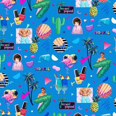 a blue background with pictures of people, palm trees and other things on it's surface