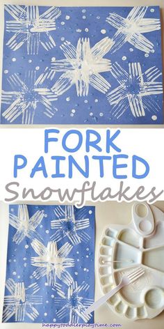 two pictures showing how to make fork painted snowflakes