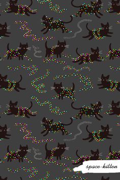 a gray background with black cats and multicolored dots