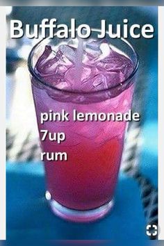 a pink lemonade drink with ice on the rim and in front of it is an ad for buffalo juice