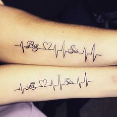 two people with tattoos on their arms that have heartbeats and letters written on them