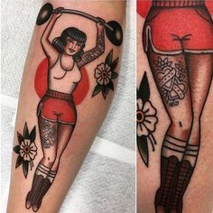 two pictures of the same woman with different tattoos on their arms and legs, one is showing