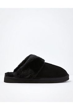 Genuine suede upper/Plush cuff/Slip-on style/Cushioned footbed/Flexible EVA outsole/Not eligible for promotions Winter Suede Slippers With Cushioned Footbed, Synthetic Scuff Slippers With Round Toe, Cushioned Round Toe Synthetic Slippers, Synthetic Round Toe Slippers With Cushioned Footbed, Comfortable Black Suede Slippers, Winter Slippers With Cushioned Footbed, Winter Synthetic Slippers With Cushioned Footbed, Black Suede Slip-on Slippers, Slide Slipper