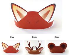 four different views of the fox headbands made out of paper, with instructions for how to make them