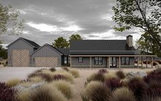 an artist's rendering of a house in the middle of a field with grass and bushes