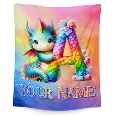 a colorful dragon with flowers on its tail and the words, your name is in front of it