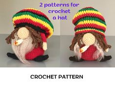 two crocheted gnomes with hats on their heads, one wearing a red and green striped hat