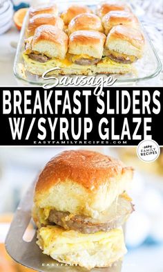 sausage breakfast sliders w / syrup glaze are an easy and delicious appetizer