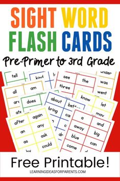 sight word flash cards for pre - prime to 3rd grade with free printables