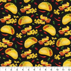 a black background with yellow and red tacos, peppers, and chilis on it