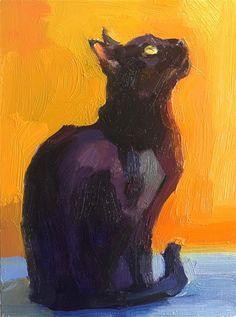 a painting of a black cat sitting in front of an orange and yellow background,