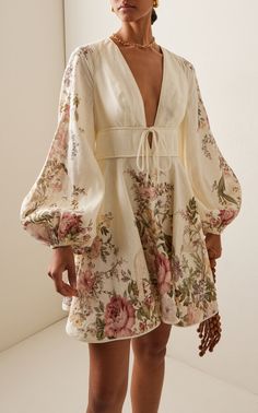 Waverly Plunged Linen Mini Dress By Zimmermann | Moda Operandi Dress Summer 2024, Zimmerman Dresses, Linen Printed Dress, Plunge Mini Dress, Mode Kimono, Placement Print, Zimmermann Dress, Linen Mini Dress, Dress 2024