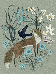 an image of a fox and bird in the wildflowers with butterflies on it