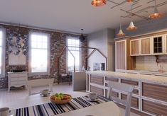 a large kitchen with wooden cabinets and white counter tops, along with a breakfast nook