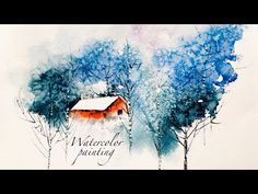 watercolor painting with trees and a red house