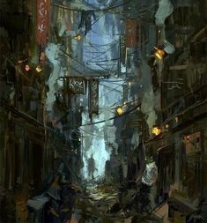 a painting of an alley way with buildings and people walking on the street in it