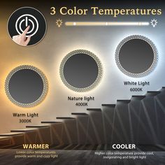 three color temperatures on the wall and below them are different types of lights that can be used to illuminate warm light