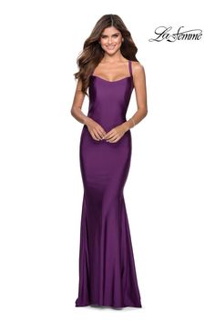 Simple yet super flirty is this long slim fitting gown by La Femme. This lovely gown showcases a scoop neckline on the fitted bodice with thin straps that leads into a lace up back fo comfort and easier adjustment. The long fitted skirt has a sweeping back train to add some volume to the sweep train. So look stunning on Prom night or any social event you may have coming up! Long Fitted Skirt, Royal Purple Dress, Trumpet Evening Dress, Long Jersey Dress, Simple Prom Dress Long, Trumpet Dress, Prom Dress Stores, Trumpet Skirt, Prom Dress Styles