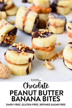 chocolate peanut butter banana bites on a white plate with nuts and almonds in the background