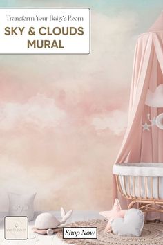 a baby's room with sky and clouds mural