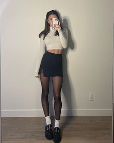 Preppy Mini Skirt Outfit, Mini Skirt Leggings, Stockings Winter Outfit, Tights With Mini Skirt, Mini Skirt Long Socks Outfit, Turtle Neck Mini Skirt, Black Tights Under Skirt Outfit, How To Pose With A Skirt, Mini Skirt With Loafers Outfit