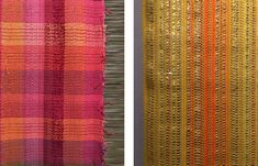 two pictures of different colored fabrics on the same wall, one is red and yellow