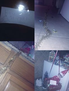 four different pictures show the inside of a house with christmas decorations and presents on the floor