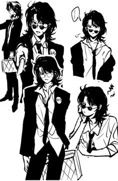 some black and white drawings of people in suits, ties and glasses with one person holding his hand out to the side