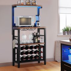 a microwave oven sitting on top of a wooden shelf filled with bottles and wine glasses