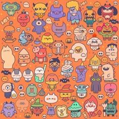 an orange background with many different cartoon characters