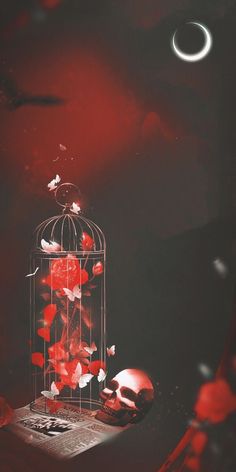 a birdcage filled with red hearts floating in the air next to a half moon