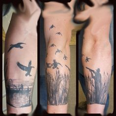 three different views of a man's arm with birds flying over water and reeds