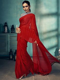 #red #redsareestyle #saree #elegant #stunning # Pleated Saree, Fancy Saree, Trendy Blouse, Trendy Blouses, Fancy Sarees, Work It, Saree Styles