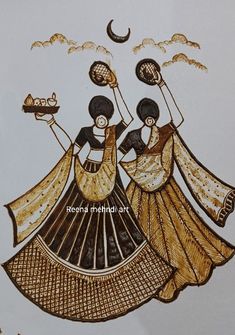 an artistic drawing of two women dancing under the moon