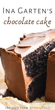 a close up of a piece of cake on a plate with the words ina garten's chocolate cake