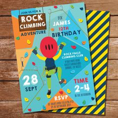 the rock climbing birthday party is set up on a wooden table with two flyers for it