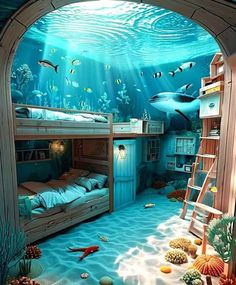 an underwater bedroom is shown with blue water and under the sea flooring, as well as corals