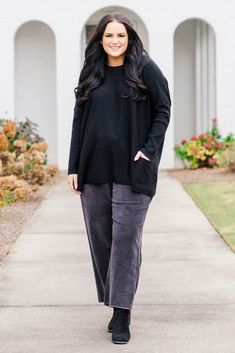 Tailored to keep you comfortable, these pants are the perfect choice for lounging around or a casual day out! The neutral charcoal color and unfinished hemline make them easy to style to any look! 100% Cotton Comfortable Black Pants For Fall, Comfortable Black Fall Pants, Relaxed Black Pants For Everyday, Relaxed Black Everyday Pants, Black Relaxed Everyday Pants, Black Bottoms For Layering In Fall, Comfy Gray Bottoms For Fall, Tunic Hoodie, Jumpsuit Party