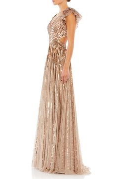 Glittering sequins rain down on a stellar gown fashioned with a pretty lace-up back and frothy cap sleeves. 63" length Surplice V-neck Cap sleeves Lined 100% polyester Spot clean Imported Asian Owned/Founded Copper Gown, Celebrity Prom Dresses, Copper Dress, Gown Gold, Cutout Gown, Mac Duggal Dresses, Trumpet Gown, Evening Dresses With Sleeves, One Shoulder Gown