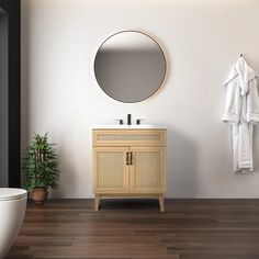 a bathroom with a sink, mirror and toilet in it's corner next to a potted plant