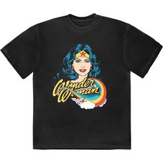 DC Comics Unisex T-Shirt: Wonder Woman Rainbow Black T-shirt With Graphic Print For Comic-con, Black Pop Culture T-shirt For Comic-con, Black T-shirt For Comic-con, Black Graphic T-shirt For Comic-con, Black Graphic Print T-shirt For Comic-con, Crew Neck T-shirt For Comic-con Streetwear, Graphic T-shirt For Comic-con, Comic-con Fan Convention Graphic T-shirt, Graphic Print T-shirt For Comic-con