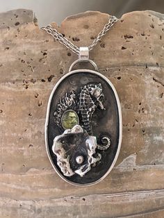 Sea Horse and Green Tourmaline Wonens Necklace Sterling Silver With Cast Sea Horse - Etsy Metal Jewelry Making, Citrine Necklace, Bold Jewelry, Owl Necklace, Sea Horse, Green Tourmaline, Jewelry Inspo, Necklace Sterling Silver, Metal Jewelry