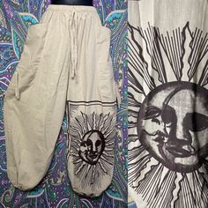 Sun Moon Oversized Pocket Pants Cotton Pattern Unisex Hippy Festival Blue Grey Black Green Dungarees - Etsy Moon Outfit Male, Baggy Parachute Pants With Side Pockets For Summer, Summer Cotton Harem Pants With Loosely Fitted Hips, Hippie Festival Pants With Pockets, Relaxed Fit Hippie Harem Pants With Pockets, Comfortable Summer Harem Pants With Pockets, Summer Baggy Drawstring Harem Pants, Summer Harem Pants With Drawstring, Hippie Bottoms With Pockets And Relaxed Fit