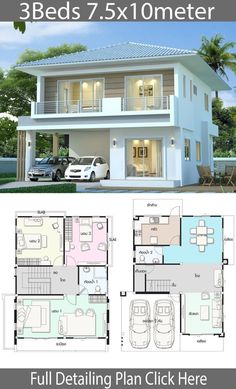 two story house plan with 3 beds and 2 bathrooms