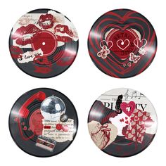 three records with different designs on them, one is red and the other is black