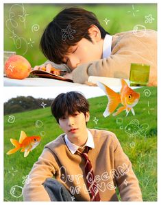 two pictures of a young man laying on the ground with his head resting on a book