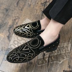 Russoo - Exquisite Mens Rhinestone-Embellished Loafer Shoes: Stylish, Comfortable, and Non-Slip for Spring and Summer Wear Elegant Rhinestone Slip-on Loafers, Black Slip-on Loafers With Rhinestones, Black Rhinestone Slip-on Loafers, Party Loafers With Rhinestones And Round Toe, Formal Loafers With Rhinestones And Round Toe, Party Loafers With Rhinestones Slip-on, Rhinestone Slip-on Loafers For Party, Gold Party Loafers With Round Toe, Gold Flat Heel Loafers For Party