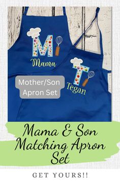 two aprons with the words mama and son matching apron set on them, in front of