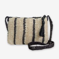 Kai Striped Raffia Crossbody Black Trendy Beach Crossbody Clutch, Trendy Crossbody Clutch For The Beach, Casual Summer Crossbody Clutch, Casual Beach Crossbody Clutch, Casual Crossbody Clutch For Beach, Casual Crossbody Clutch For The Beach, Casual Crossbody Clutch, Summer Beach Crossbody Clutch, Casual Woven Clutch Shoulder Bag